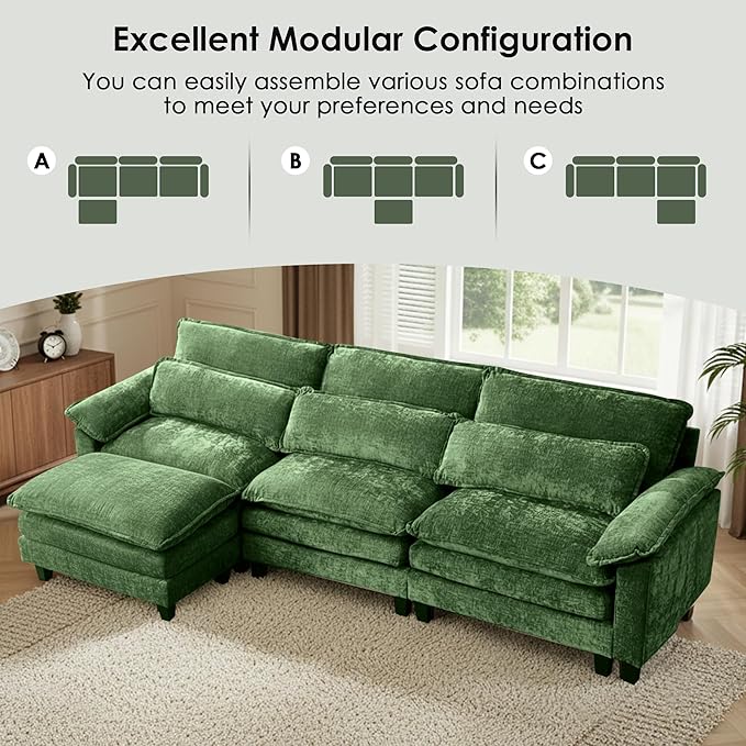 113 Modular Sectional Sofa: L Shaped Cloud Couch with Movable Ottoman Chenille 3 Seater Sofa with USB Charging &amp Side Pockets for Living Room - Green