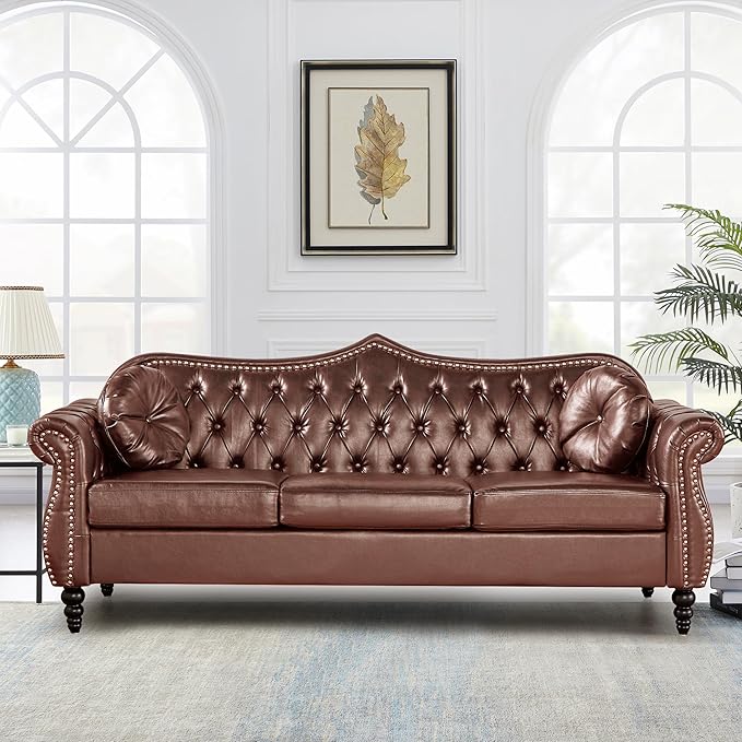 Chesterfield Three Seater Sofa Mid-Century Modern Faux Leather 3-Seater Upholstered Couch Tufted Living Room Sofa with 2 Pillows and Button Nailhead Brown