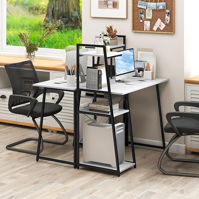 COSTWAY Computer Desk with 4-Tier Storage Shelves Home Office Desk Writing Table with Sturdy X-Shape Frame Adjustable Foot Pads Modern Simple Style Study Desk Wide Tabletop (White and Black)