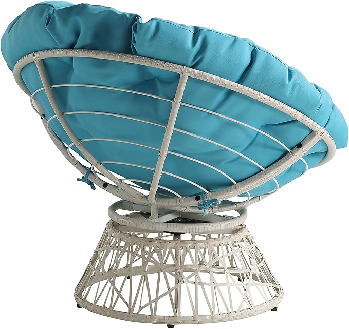 OSP Home Furnishings Wicker Papasan Chair with 360-Degree Swivel Cream Frame with Blue Cushion