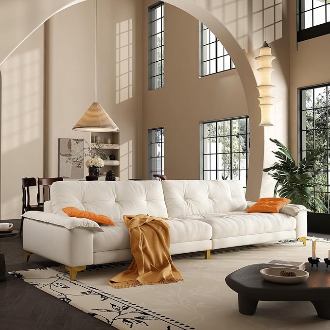 104.7 sectional Couch mid-Century Modern 4-Seater Comfy Cloud Couch for Living Room Office Button Tufted upholstered Metal Legs Sofa Sturdy loveseat (Beige 104.7 Inch)