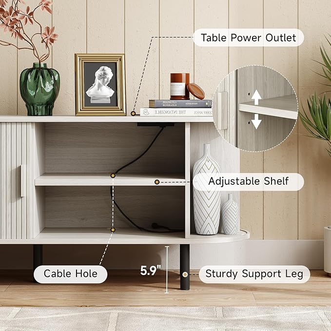 ONBRILL 63 TV Stand with Power Outlet for TVs up to 70 Inch Entertainment Center with Storage and Adjustable Shelves Modern Media Console with Sliding Doors for Living Room Natural White