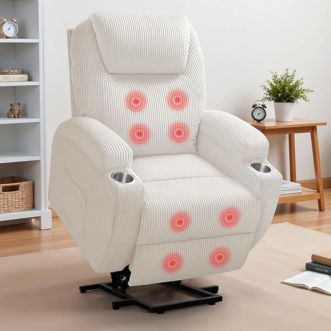 Furmax Electric Power Lift Recliner Chair with Massage for Elderly Corduroy Fabric Recliner Single Sofa with Cup Holders Side Pockets and Remote Control for Living Room Bedroom (White)