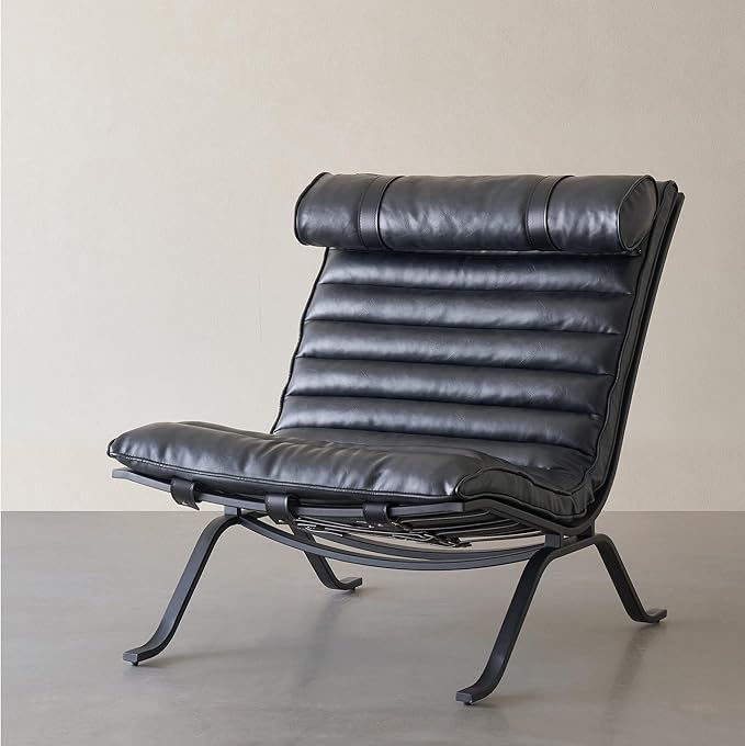 Leather Upholstered Armless Chair Modern Design Lounge Chair with Metal Frame and Headrest Cushion Comfortable Suitable for Living Room Bedroom Office (Black)