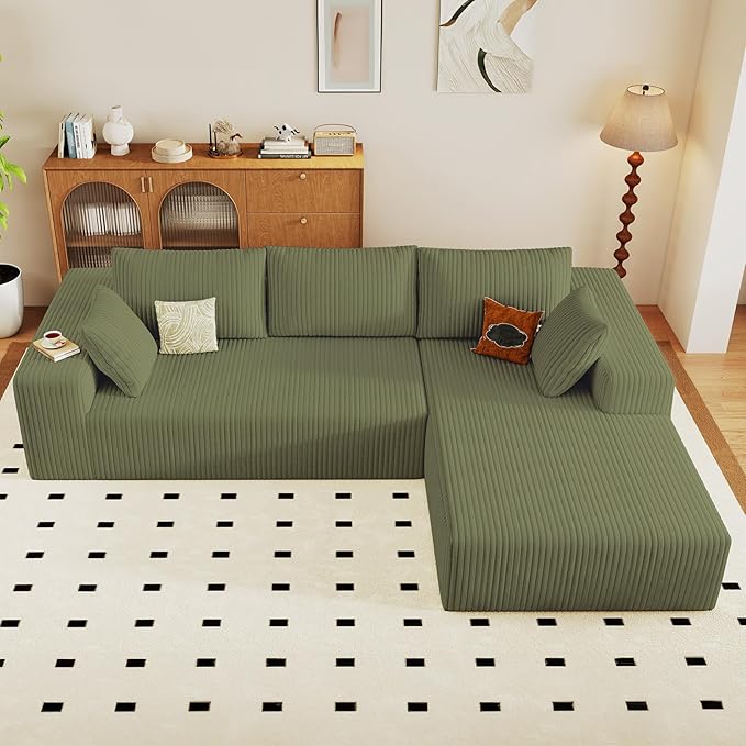 96 Modular Sectional Sofa Modern Corduroy Cloud Couch with Deep Seat Boneless Couch Upholstered 3-Seater L-Shaped Sofa for Living Room No Assembly Required (Green Right-Facing Chaise)