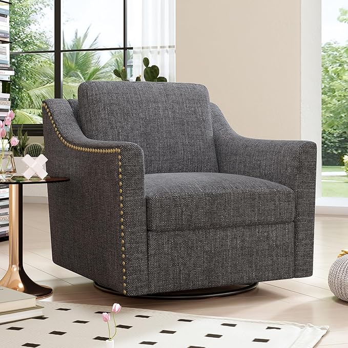 Upholstered Swivel Barrel Chair 31 Wide Modern Fabric Ergonomics Single Sofa Chair Living Room Bedroom Accent Chair Comfy Club Swivel Chair (Cotton Linen Dark Grey)