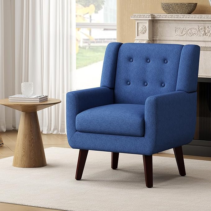 Linen Fabric Living Room Chairs Accent Chair Mid Century Modern Armchair for Living Room Bedroom Button Tufted Upholstered Comfy Reading SofasVanity Chair (2 Navy)