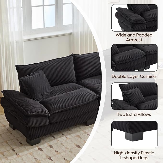 Modern 84 Corduroy Loveseat Sofa Ultra-Comfy Couch with 2 Pillows for Apartment Living Room Bedroom Home Office (Black)