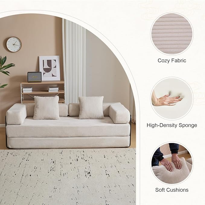 Folding Sofa Bed Modular Sectional Cloud Couch Convertible Sleeper Sofa Bed with Pillow Back Support Armrest for Living Room Bedroom Lounge No Assembly Required Corduroy (Beige)