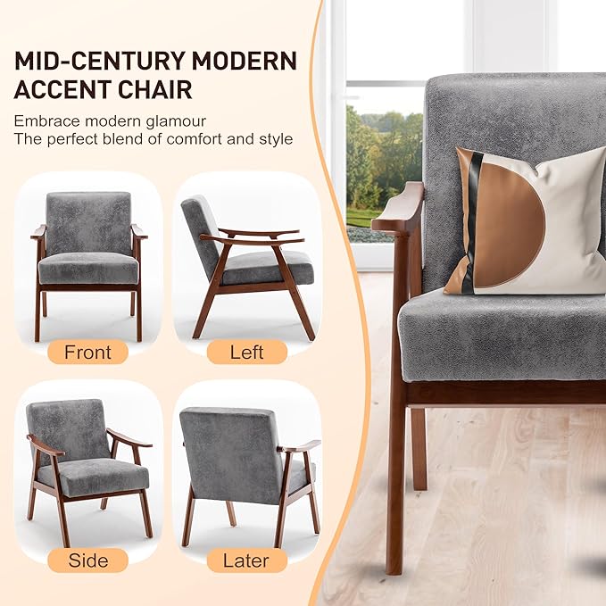 Mid-Century Accent Chair Upholstered Fabric Living Room Chair with Solid Wood Frame Modern Small Side Arm Chairs Comfy Wingback Reading Chair for Bedroom Office (Grey)