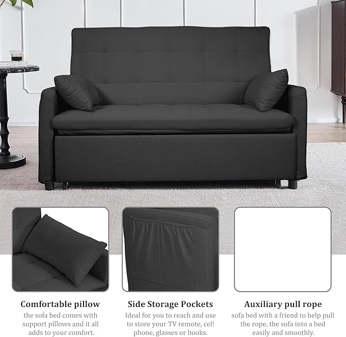 60 Pull Out Sofa Bed Linen Convertible Sleeper Couch Loveseat Chaise Lounge with Side Pockets Gray Pullout Futon Sofa Bed for Living Room Bedroom Small Spaces RV (Gray)
