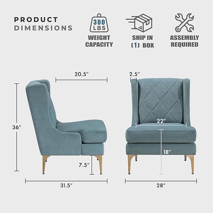 Lexicon Modern Accent Chair Living Room Chenille Upholstered Single Sofa Chair with Gold Metal Legs Wing Back &amp Diamond Stitched Back Armchair for Bedroom/Office/Waiting Room Blue