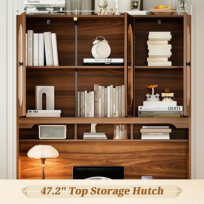 Anwick 47-inch Retro Executive Desk with Charging Ports Hutch Cabinet 5 Storage Drawers &amp Transparent Glass-Door Bookshelf for Home Office Bedroom - Walnut Finish