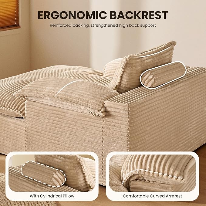 Chaise Lounge Chair Indoor Oversized Sleeping Couch 67L *53W Assembly Free Modern Minimalist Sofa With Comfy Curved Armrest Extra Deep Large Single Sofa for Living Room(Beige Plush Fabric)