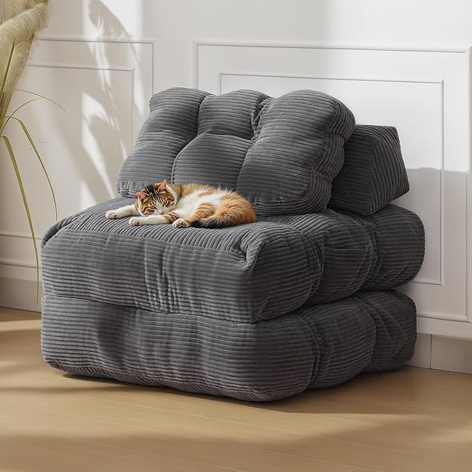 Garvee 3-in-1 Folding Convertible Sofa Bed with Pillow Foldable Matress with Back Support Comfy Portable Sleeper Chair Floor Sofa Lounge for Living Room Bedroom No Assemble Required Grey Single