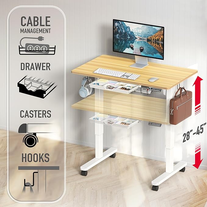 SHW 40-Inch Mobile Electric Height Adjustable Sit to Stand Desk with Drawer Hanging Hooks and Cable Management Oak