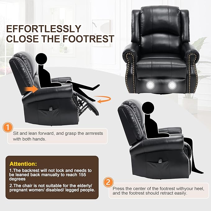 Leather Manual 360° Swivel Rocker Recliner for Adults Gulider Reclining Chair for Living Room with Vibration Massage and Lumbar Heat Side Pockets Faux Leather Black