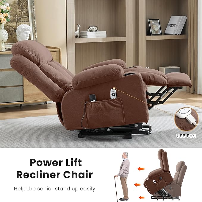 Power Lift Recliner Chair for Elderly with Vibration Massage and Lumbar Heating Electric Oversized Single Sofa with Cup Holder and USB Charge Port for Living Room