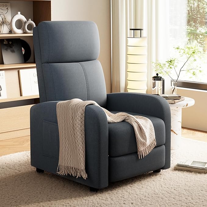 GarveeHome Linen Fabric Manual Recliner Chair with Side Pocket High Backrest Thick Cushion Adjustable Push Back ReclinerCozy Lounge Chair for Living Room Home Theater Bedroom Dark Gray