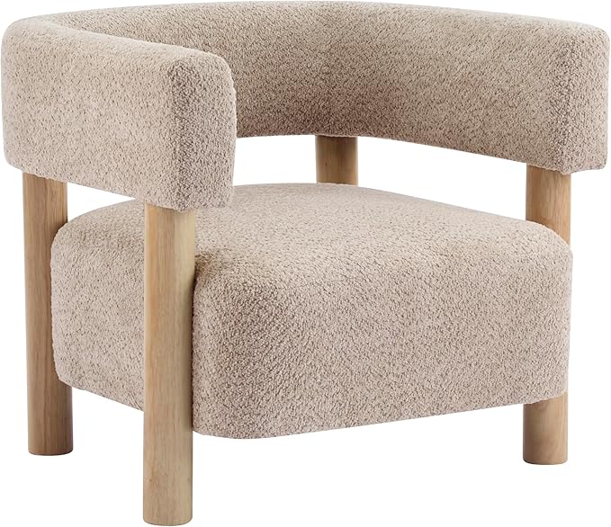 Christopher Knight Home Carly Low Profile Accent Chair Round Backrest Side Chair Living Room Armchair with Boucle Fabric Cushion Comfy Reading Chair for Bedroom Wooden Single Lounge Sofa Wheat