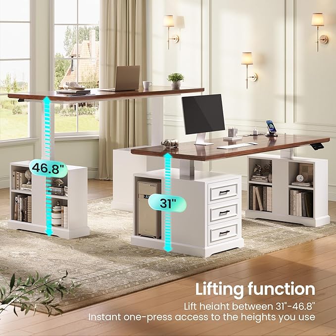 SEDETA Farmhouse Electric Standing Desk 63 Height Adjustable Computer Desk with 3 Drawers Storage Shelves Power Outlets Wood Home Office Stand up Desk for Work Study Writing White