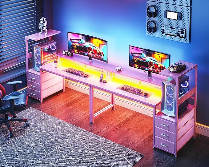 AODK 59 Inch Gaming Desk with USB Charging Ports &amp LED Light- Reversible Computer Desk with Storage Shelves &amp Monitor Stand Modern Gamer Desk Table with Fabric Drawers &amp Side Hook Carbon