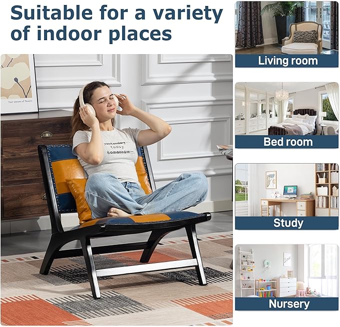 Modern Comfortable PU Leather Armless Mid-Century Style Lounge Armchair Brown Solid Wood Chair Floral Pattern Sofa Chair for Living Room/Office/Balcony/Bedroom (Blue+Yellow Set of 1)