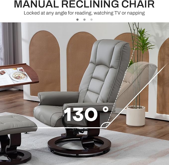 HOMCOM Faux Leather Reclining Chair Swivel Ottoman Chair Recliner with Ottoman with High Back and Wood Frame for Living Room Gray