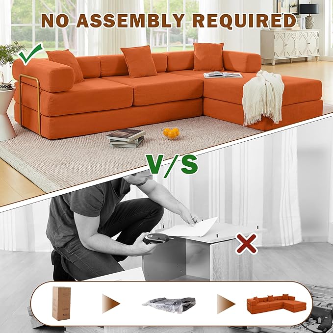 108 W Corduroy Modular Cloud Couch with Fixed-Shape Frame Oversized L-Shaped Sectional Sleeper Sofa Bed with Pull Out Bed No Assembly Modern Floor Boneless Couch for Living Room (Orange)