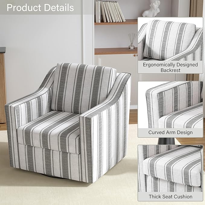 Swivel Accent Chair 360° Swivel Upholstered Club Armchairs for Living Room Comfy Fabric Single Sofa Reading Chair with Deep Seat Metal Swivel Base Gray Stripe