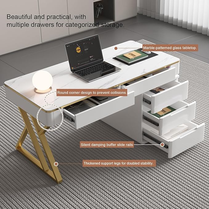 Wooden Computer Office Desk with Drawers for Home Office - White Gaming Desk with Tempered Glass Top - Thickened Lacquered PC Desk and Writing Desk - Escritorios para Computadoras (Z-105)