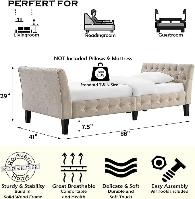Rosevera Jamie Modern Upholstered Frame Button Tufted Fine Polyester Easy aseemble with Wooden Legs Twin Size Daybed Sleeper Couch for Living Room Bedroom Standard Warm Beige