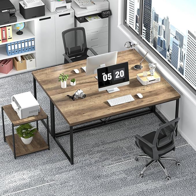 FOLUBAN Industrial Computer Desk Rustic Wood and Metal Writing Desk Vintage PC Table for Home Office Oak 60 inch