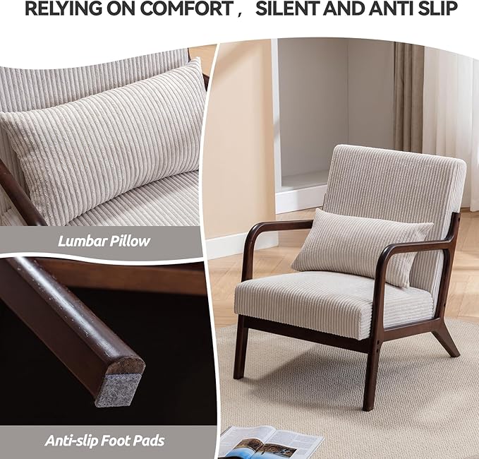 Mid Century Modern Accent Chairs Set of 2 Living Room Chairs Boho Armchair Set of 2 with Lumbar Pillow Solid Wood Frame &amp Corduroy Fabrics for Living Room Bedroom