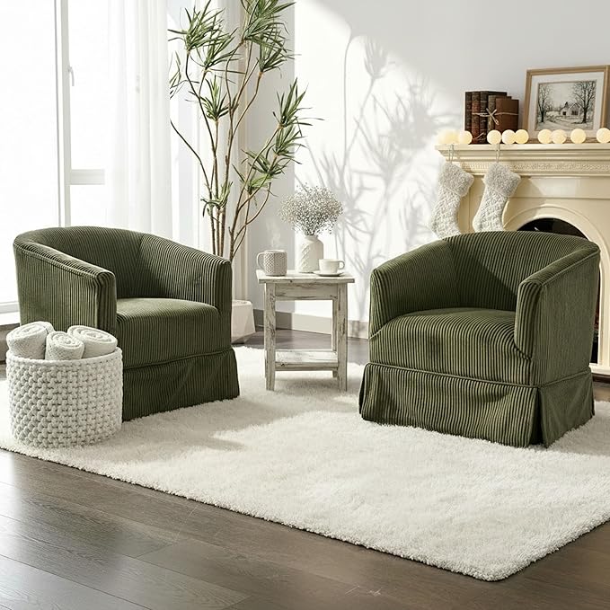 Swivel Accent Chair for Living Room 360° Upholstered Barrel Swivel Chairs with Skirted Base Modern Linen Armchairs for Bedroom Reading Nook Small Space Corduroy Green
