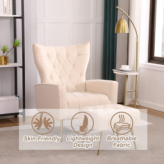 Accent Chair with Ottoman Comfy Chair and Ottoman Set Upholstered Tufted Lounge Chair with Wide Seat Footrest Reading Armchair for Living Room Bedroom BeigeVelvet