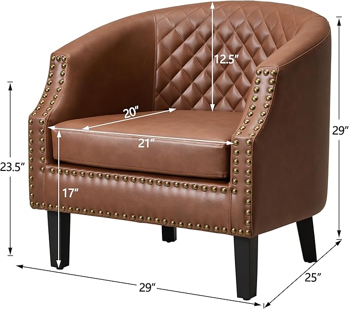 KINWELL Upgraded 29-inch Barrel Club Chairs Sloped Arm Design for Small Spaces Double Row Nailhead Trim Faux Leather Accent Chairs with Solid Wood Legs for Living Room (Mottled Mesh Brown)