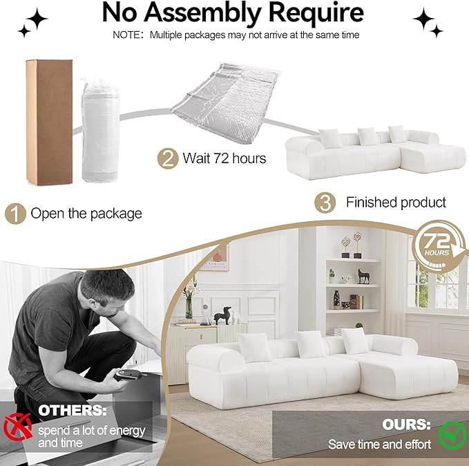 119'' Curved Boneless Sofa Couch 3 Seat Cloud L Shaped Deep Seat Couches for Living Room No Assembly Modular Sofa with Right Chaise Lounge White