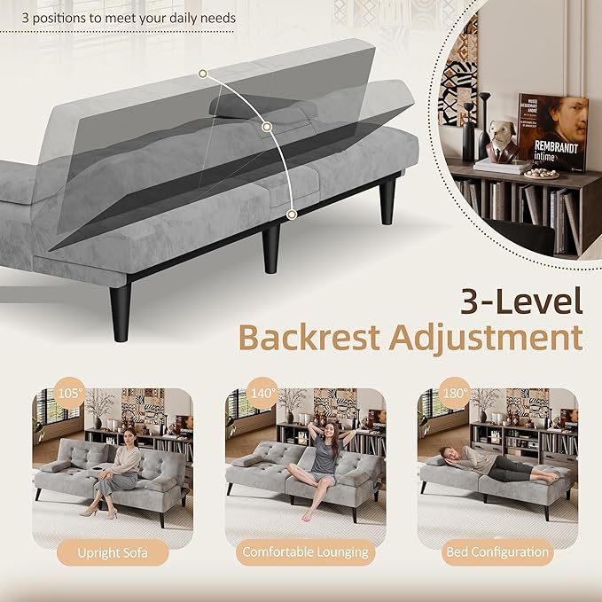 Shintenchi Futon Sofa Bed Velvet Foldable Couch Reclining Sleeper with Removable Armrests Upholstered Loveseat Sofa Couch with Folding Cup Holders for Home Office Light Gray