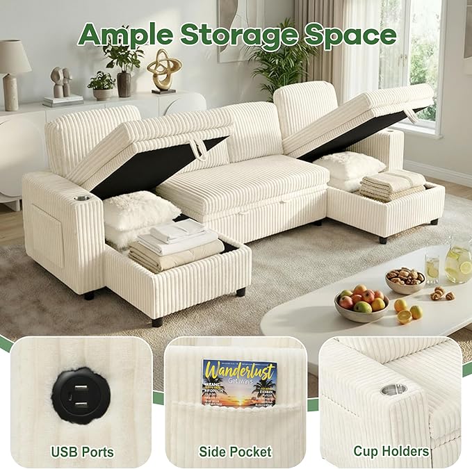 Sectional Couches for Living Room Sectional Sleeper Sofa with Pull Out Bed Modular Corner Sofa with Storage Convertible Sofa Bed for Living Room Bedroom and Apartment Beige
