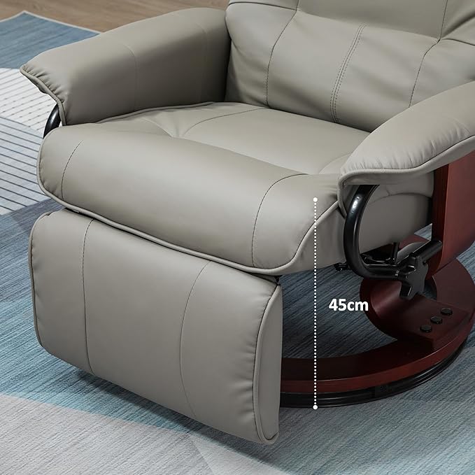 HOMCOM Faux Leather Manual Recliner Adjustable Swivel Lounge Chair with Footrest Armrest and Wrapped Wood Base for Living Room Gray