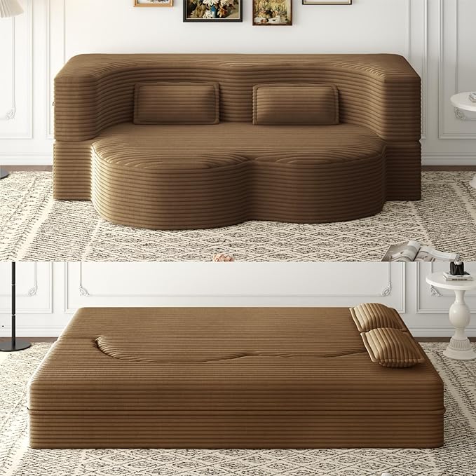 78 inch Memory Foam Couch Sofa Bed Convertible Folding Velvet Chenille Lazy Lounge Floor Full Size Sofabed Sleeper Couch for Small Living Room Apartment No Assembly (Camel Corduroy)