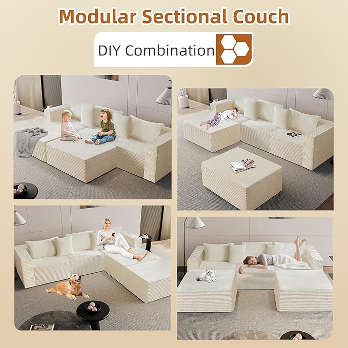 110 Modular Sectional Boneless Sofa with 2 Ottomans Corduroy U-Shaped Modular Sectional Sofa Convertible Cloud Couch with Deep Seats No Assembly Required (White 110 3Seat+2 0ttoman)