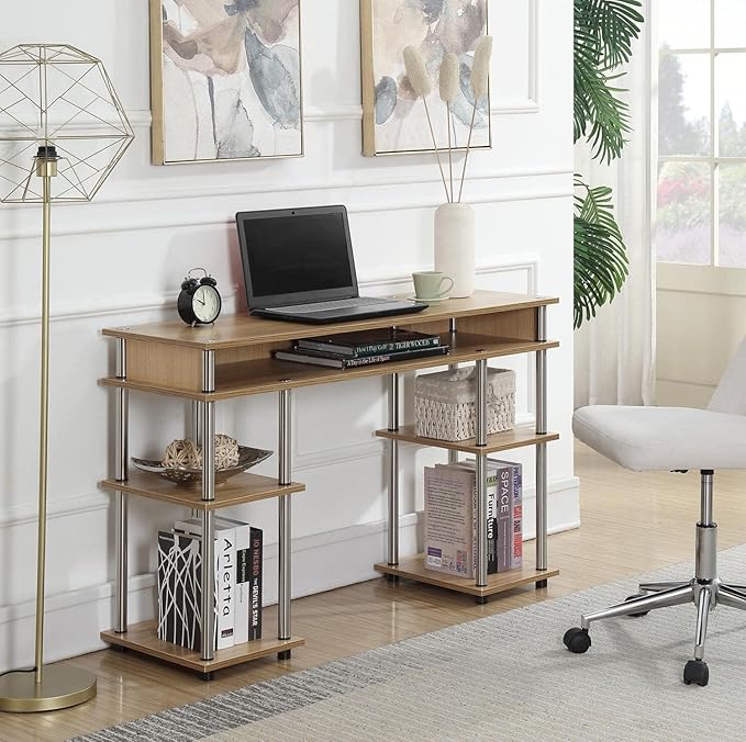 Convenience Concepts Designs2Go No Tools Desk Home Office Desk with Shelves Corner Shelf Vanity Desk Computer Desk Nail Table for Nail Tech - 47.25 L x 15.75 W x 30 H Light Oak