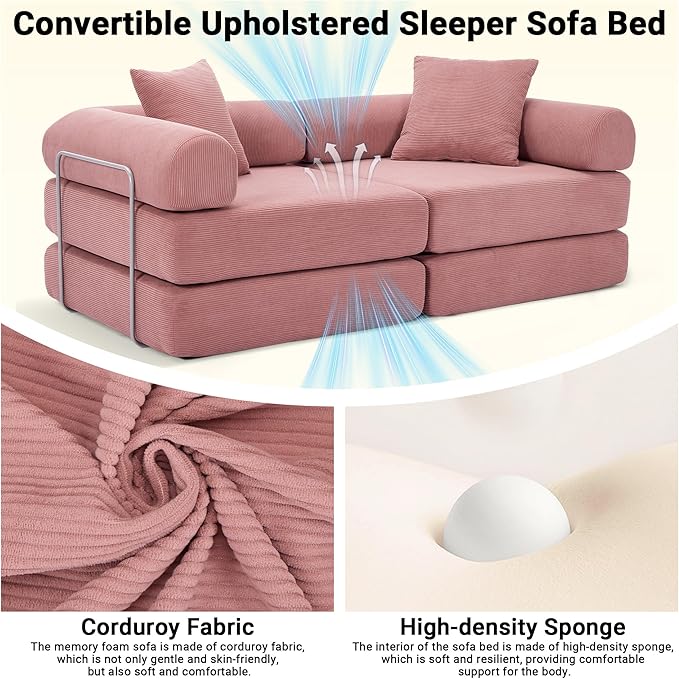 73 Convertible Sleeper Sofa Bed Corduroy Boneless Couch in a Box 4-in-1 Folding Mattress Loveseat Couch Comfy Modular Foldable Floor Sleeper Sofa with 2 Pillows and Fixed-Shape Frame (Pink 73)