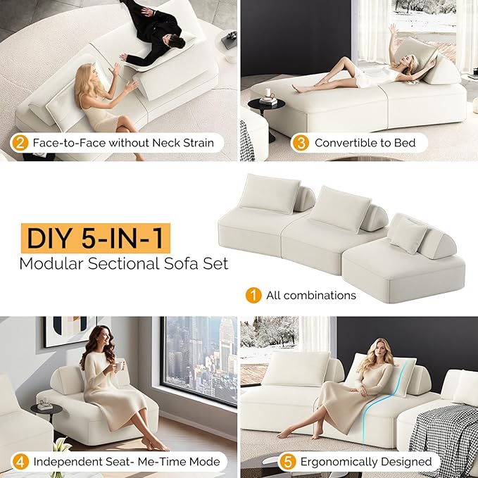 139 Oversized Modular Sectional Sofa Set Chenille Cloud Boneless Couch with Removable Backrests &amp Soft Pillows No Assembly Required DIY Upholstered Sofa Bed for Living Room (Beige)