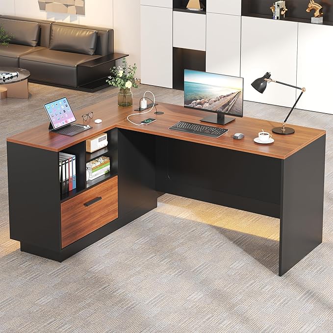 63 L-Shaped Executive Desk Home Office Standing Desk with Storage Drawers File Cabinet and Privacy Panel Modern Corner Desk with Charging Station &amp Led Lights(Walnut+Black)