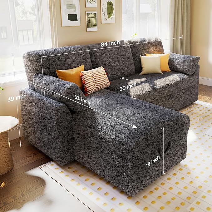 PaPaJet Sofa Bed Sleeper Sofa with Storage Chaise L Shaped Sofa with Pull Out Bed Oversized Sofas for Living Room-Dark Gray Boucle