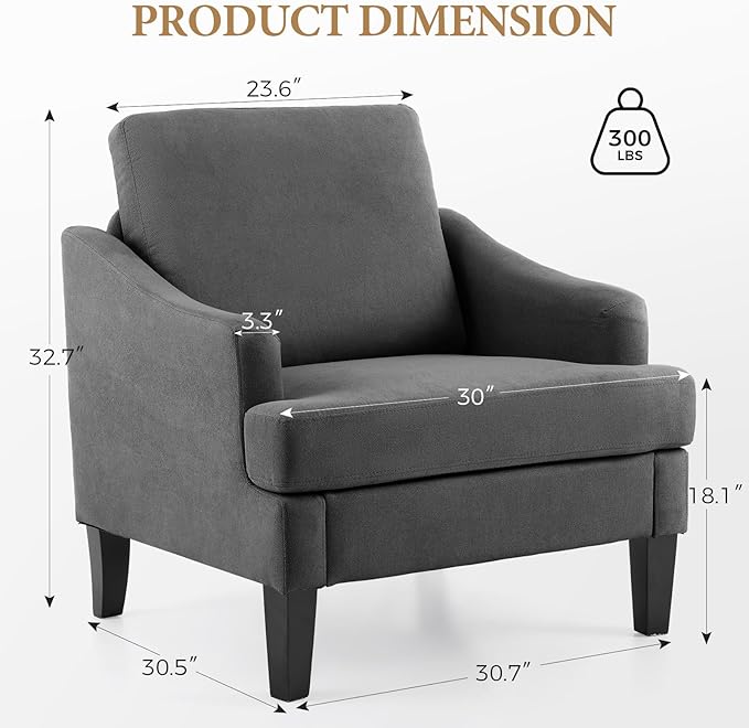 Bezseller Modern Accent Chair Upholstered Reading Armchair with Wood Legs Mid-Century Leisure Comfy Single Sofa Chair for Living Room Bedroom Home Office Dark Grey