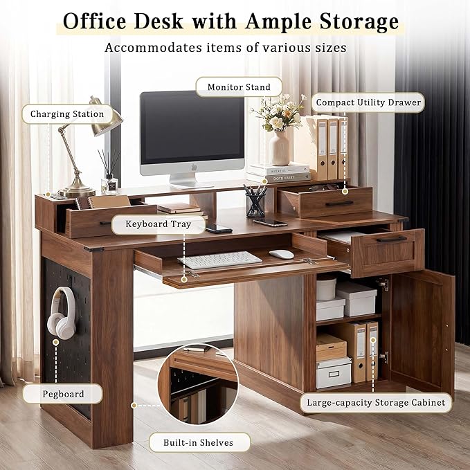 White Farmhouse Desk with Drawers &amp Charging Station Wood Executive Desk with Storage Cabinet &amp Keyboard Tray Computer Desks with Monitor Stand &amp Pegboard for Home Office (Brown)